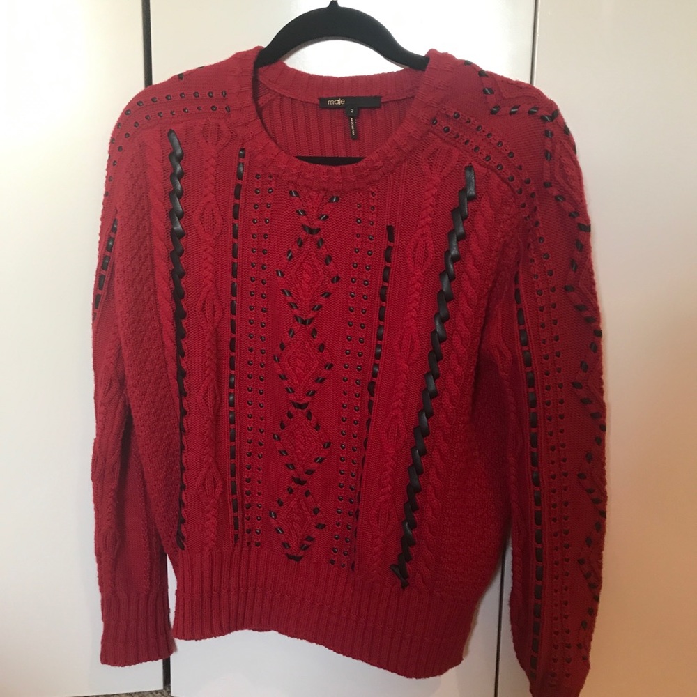 Red Thick Sweater With Black Detailing
